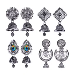MEENAZ Set Of 4 Silver-Plated Stainless Steel Stones Studded Jhumkas-17