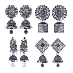 MEENAZ Set Of 4 Silver-Plated Stainless Steel Oxidised Peacock Shaped Jhumkas-image-39