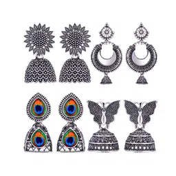 MEENAZ Set Of 4 Stainless Steel Silver-Plated Peacock Shaped Jhumkas-image-28