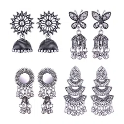 MEENAZ Set Of 4 Silver-Plated Stainless Steel Peacock Shaped Jhumkas-30