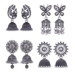 MEENAZ Set Of 4 Silver-Plated Oxidised Peacock Shaped Jhumkas-image-33