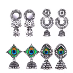 MEENAZ Set Of 4 Silver-Plated Peacock Shaped Jhumkas-image-84