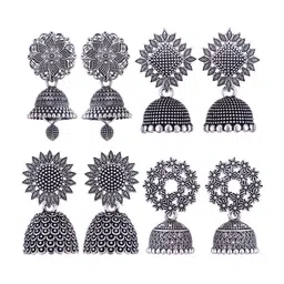 MEENAZ Set Of 4 Silver-Plated Stainless Steel Oxidised Peacock Shaped Jhumkas-18