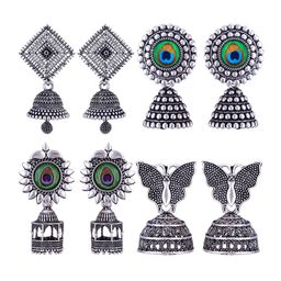 MEENAZ Set Of 4 Silver-Plated Stainless Steel Enamelled Oxidised Jhumkas-5