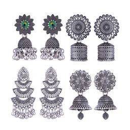 MEENAZ Set Of 4 Silver-Plated Oxidised Jhumkas-image-31