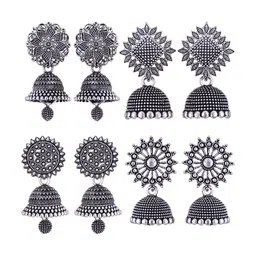 MEENAZ Set Of 4 Silver-Plated Stainless Steel Oxidised Jhumkas-56