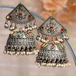 Moedbuille Silver-Plated Dome Shaped Jhumkas Earrings-32