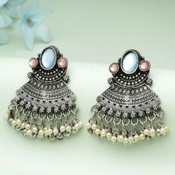 Moedbuille Silver-Plated Dome Shaped Crystals Oxidised Jhumkas Earrings-39