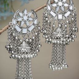 Moedbuille Silver-Plated Mirrors Studded Tasselled Dome Shaped Jhumkas-20
