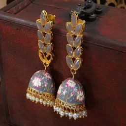 I Jewels Gold-Toned & Grey Dome Shaped Jhumkas Earrings-image-79