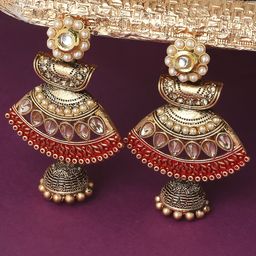 OOMPH Red & Gold-Toned Floral Jhumkas Earrings-56