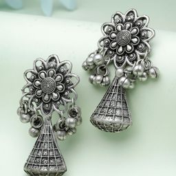 Moedbuille Silver-Plated Floral Oxidised Drop Earrings-16