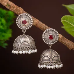 Anvik Silver-Plated Stone-Studded & Beaded Oxidised Dome Shaped Jhumkas-11