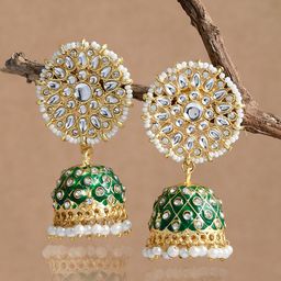 DASTOOR Brass-Plated Dome Shaped Kundan Studded Jhumkas-6