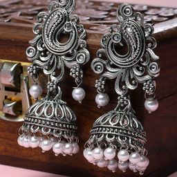 KARATCART Silver-Plated Contemporary Jhumkas Earrings-16