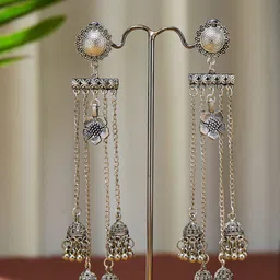 ATIBELLE German Silver Plated & Floral Textured Tasselled Dome Shaped Jhumkas-44