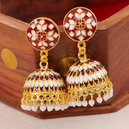 Crunchy Fashion Maroon Gold-plated Meenakari & kundan Marron Jhumkas Earrings-image-42