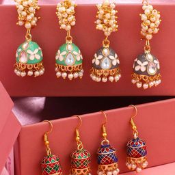 Yellow Chimes Set Of 4 Contemporary Meenakari Jhumkas-13