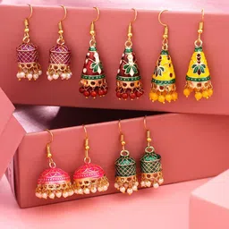 Yellow Chimes Set of 5 Gold-Plated Meenakari Beaded Jhumkas-18