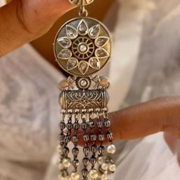 Janpath Silver-Plated Artificial Stones Studded And Beaded Contemporary Drop Earrings-3