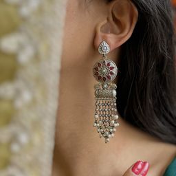 Janpath Silver-Plated Artificial Stones Studded And Beaded Contemporary Drop Earrings-1