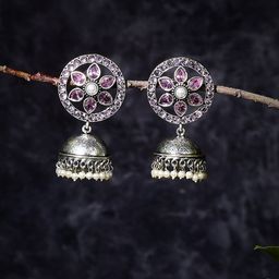 Bamboo Tree Jewels Silver Plated Dome Shaped Stone-Studded & Beaded Jhumkas-31