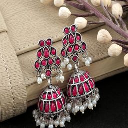 UNIVERSITY TRENDZ Silver-Plated Stone & Beads Dome-Shaped Jhumkas-42