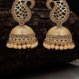 Adwitiya Collection 24 CT Gold-Plated Stone-Studded & Beaded Antique Dome Shaped Jhumkas-17