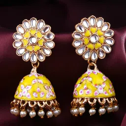 Yellow Chimes Yellow Meenakari Kundan Jhumka Earring-image-28
