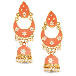 Mahi Orange Crescent Shaped Jhumkas Earrings-image-10