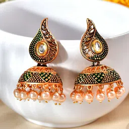 AQUASTREET Gold-Plated Leaf Shaped Stone Studded Jhumkas-46