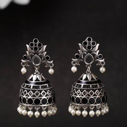 Voylla Silver-Plated Oxidized Geometric Jhumkas Earrings-51