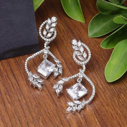 ZENEME Rhodium-Plated American Diamond Studded Drop Earrings-19