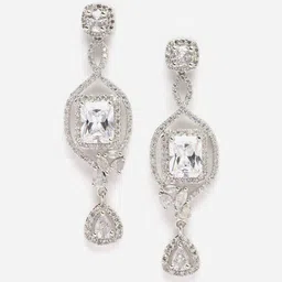 DressBerry White Rhodium-Plated AD Studded Drop Earrings-3
