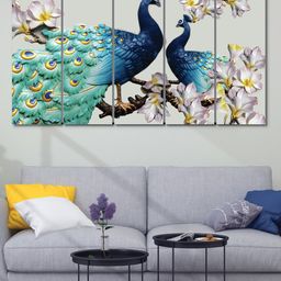 RANDOM Set Of 5 Blue & Green Peacock Printed Framed MDF Vinyle Painting-74