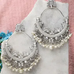 KARATCART Silver-Plated & Off White Classic Chandbalis Earrings-55