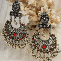 Moedbuille Silver Plated Crescent Shaped Oxidised Chandbalis Earrings-8