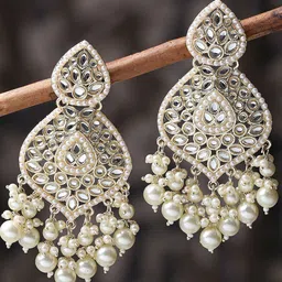 OOMPH Gold-Plated Contemporary Kundan Studded & Beaded Drop Earrings-7