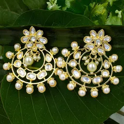 PRIVIU Gold-Plated Floral Kundan Studded Chandbalis-image-8
