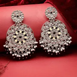 ADIVA Silver-Plated Kundan Studded Circular Chandbalis-0