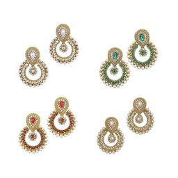 DIVASTRI Set of 4 Gold-Plated Artificial Stones Studded And Beaded Crescent Drop Earrings-9