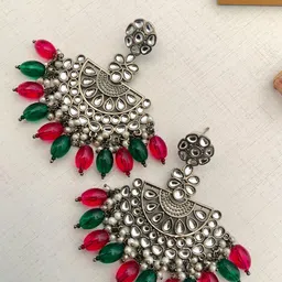 ABDESIGNS Silver-Plated Stone Studded & Beaded Contemporary Chandbalis-image-3
