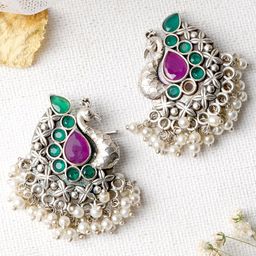 TEEJH Silver-Toned & Green Peacock Shaped Chandbalis Earrings-8