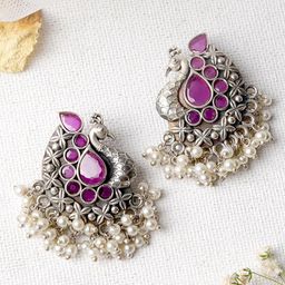TEEJH Silver-Toned & Purple Peacock Shaped Drop Earrings-23
