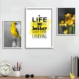 Aura White & Yellow 3 Piece Wood Floral and Botanical Wall Paintings-9