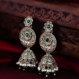 aadita Gold-Plated Stone-Studded & Beaded Silver Contemporary Jhumkas-17