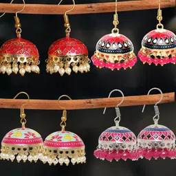 OOMPH Set Of 4 Beaded Dome Shaped Jhumkas-2