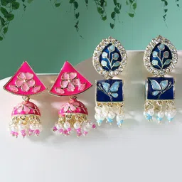 Zaveri Pearls Set of 2 Blue & Pink Gold Plated Contemporary Drop Earrings-10