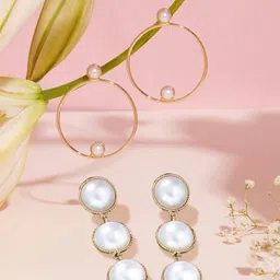 AMI Set Of 2 Gold Plated Pearl Beaded Contemporary Drop Earrings-79