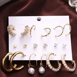 PolluxCraft Set Of 9 Korean Gold-Plated Pearls Studded Contemporary Shaped Studs-image-18